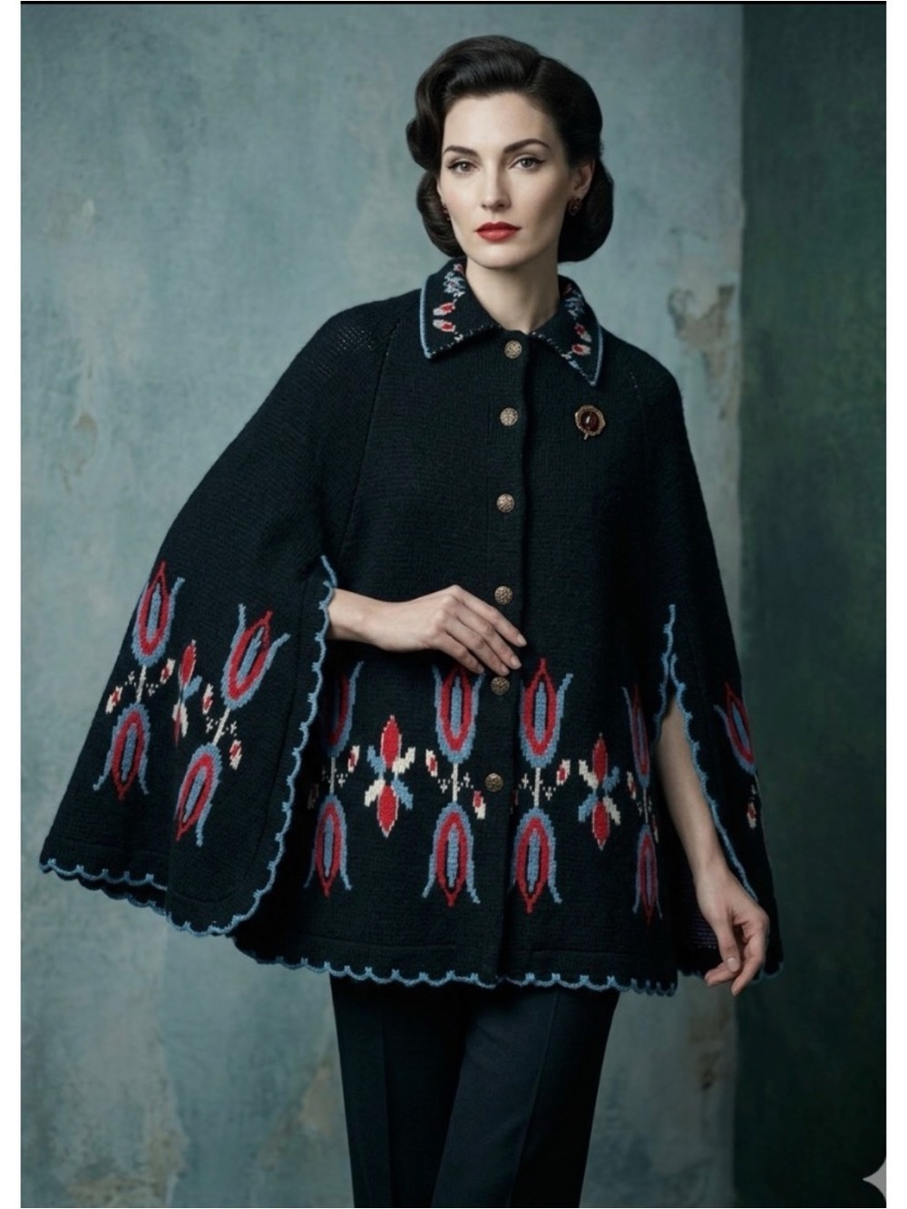 Vintage Montgomery Ward Folk Art Tulip Embroidered Knit Cape Sweater Black OS